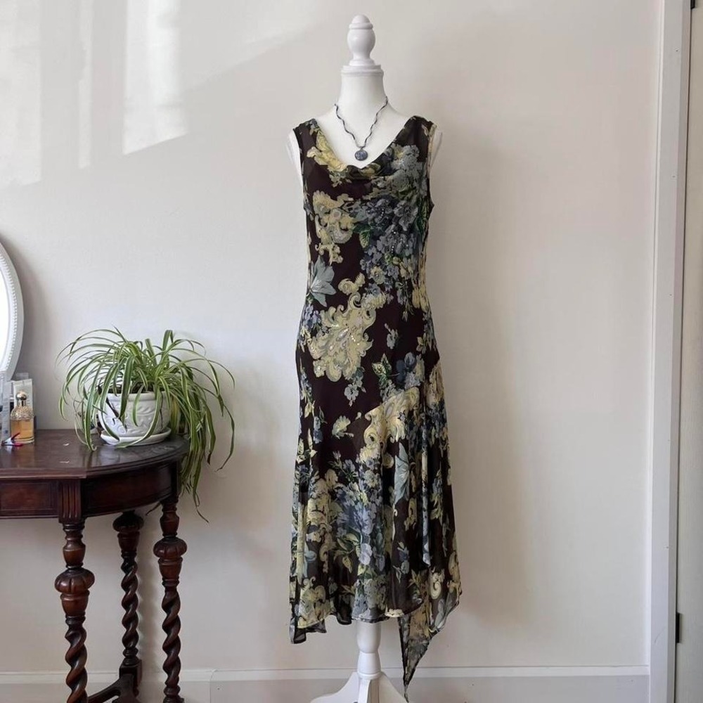 Vintage Y2k Fairycore Beaded Midi Dress Womens Sz L Brown/Green ethreal whimsy